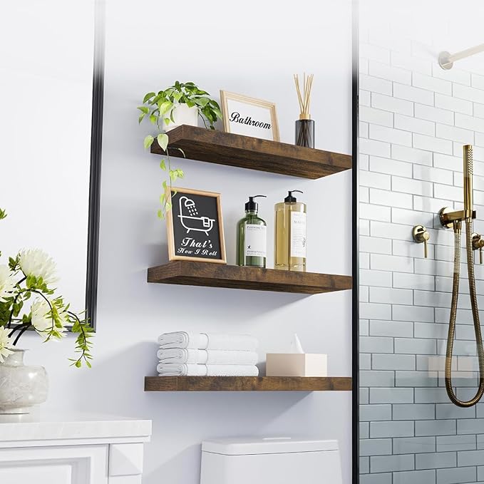 BAYKA Bathroom Floating Shelves for Wall Set of 3 - Rustic Brown Farmhouse Wood Shelves Over Toilet for Bedroom, Kitchen, or Living Room Decor Display, Storage for Plants, Toilet Paper or Bath Towels
