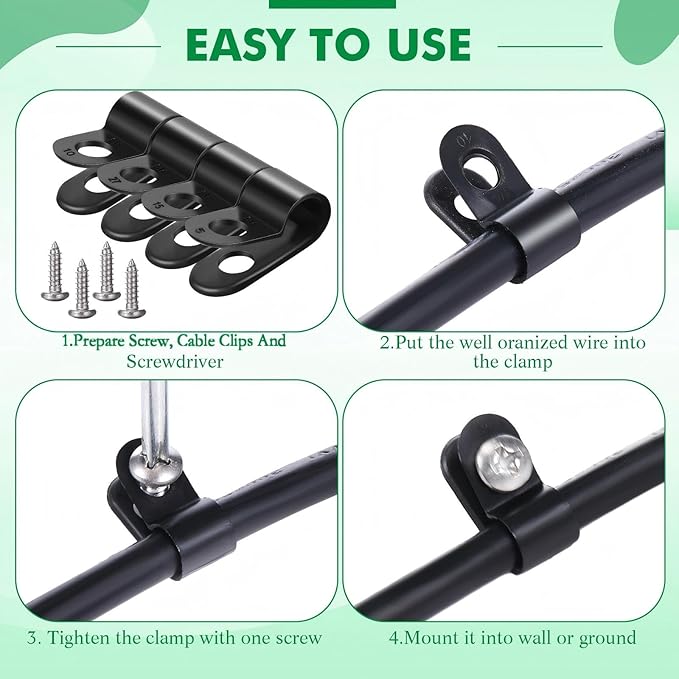 Hicarer 50 Pack R-Type Cable Clip Wire Clamp, Nylon Screw Mounting Cord Fastener Clips with 50 Pack Screws for Wire Management (Black,1/4Inch)