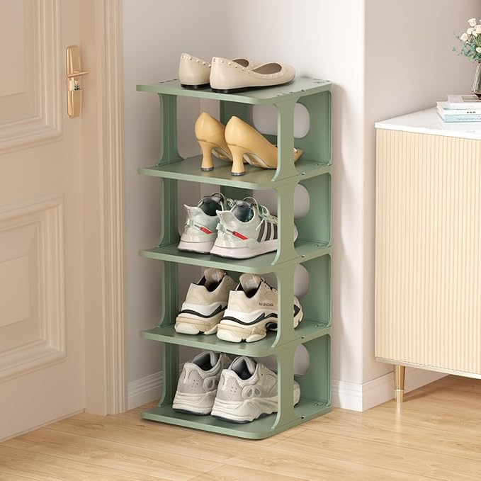 HAIXIN Vertical Shoe Rack Organizer for Entryway, 5 Tier Narrow Small Shoe Rack for Closet, Plastic Compact Shoe Storage for Door - Green