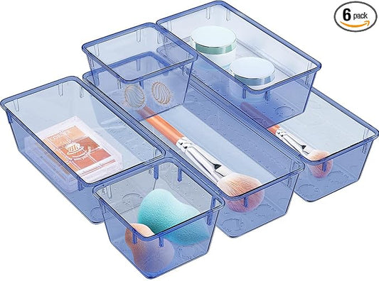 6 Pack Clear Drawer Organizer Set, Acrylic Drawer Storage Trays, Dark Blue