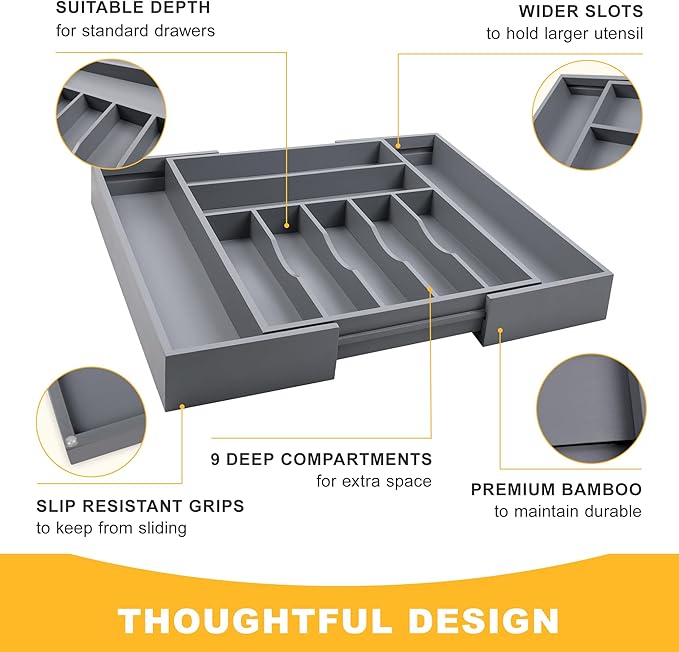 Large Premium Bamboo Silverware Organizer, Grey