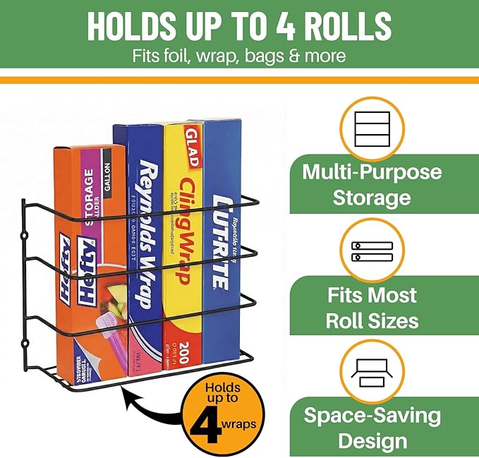Kitchen Wrap Organizer, 4 Pack, Hold up to 4 Plastic, Foil, Paper, Wax, Black