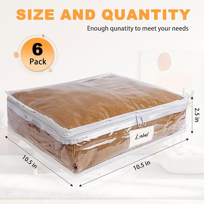 Clear Zippered Storage Bags Plastic Sweater Storage Bags with Zipper 6 Packs Clothing Organizer for Blankets Linen Sweater Bed Sheet Quilt Clothes Pillow (10.5 x 10.5 x 2.5 Inch, White)
