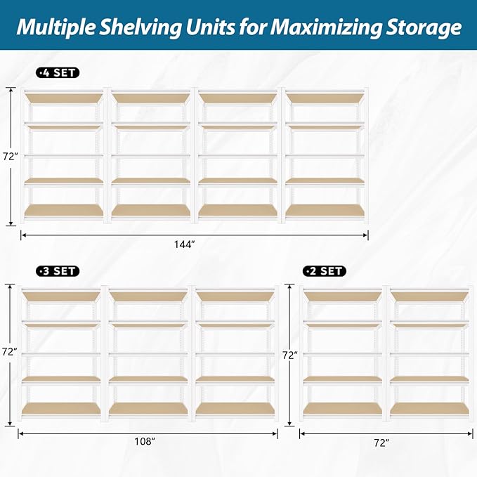 PrimeZone 4 Packs 36" W x 16" D x 72" H Closet Storage Shelves - 5 Tier White Metal Connector Shelving, Adjustable Heavy Duty Garage Shelves, Utility Rack Organizer Shelf for Kitchen Pantry Garage