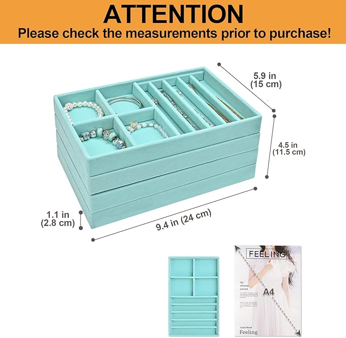 ProCase Stackable Jewelry Organizer Trays for Drawers, Jewelry Drawer Inserts Container Display Case Storage for Earring Necklace Rings Bracelet with Removable Dividers -Blue, 4 Layers