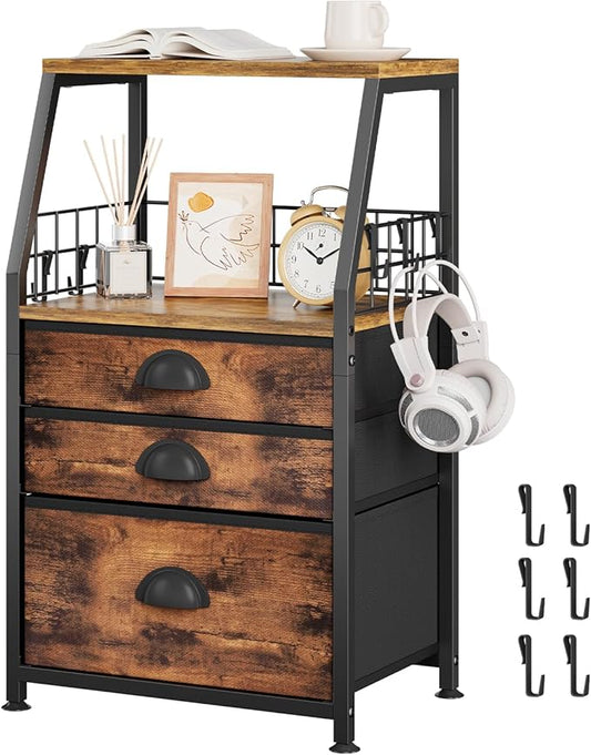 3 Fabric Drawers Organizer Tower with 6 Hooks and 2 Shelves