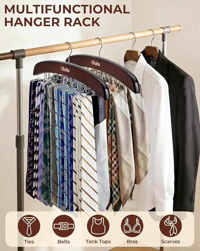 Tie Rack Hanger for Closet: Ohuhu 2 Packs 24 Folding Hooks Tie Hangers for Men Wooden Tie Holder Organizer Space Saving Necktie Storage 360 Degree Rotating Ties Belts Scarves Tank Tops-Walnut