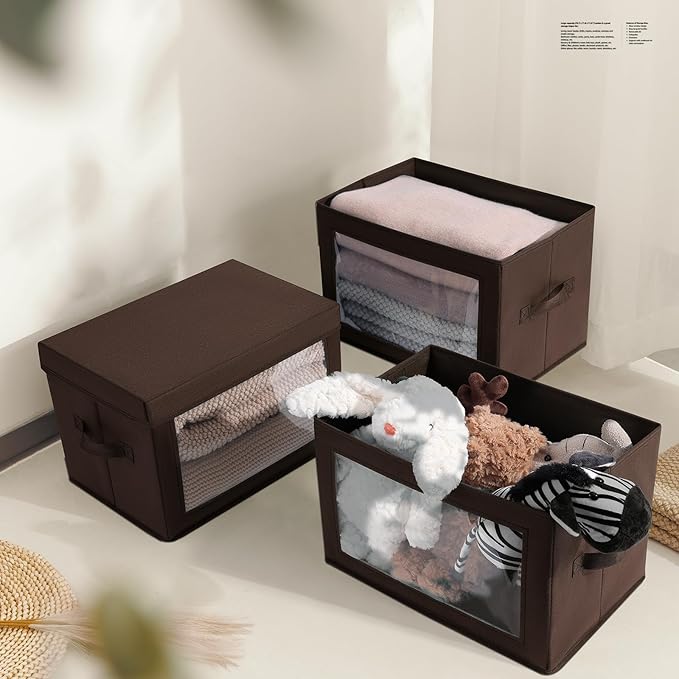 Homsorout Stackable Storage Bins with Lids - Medium Storage Box with Lids, Foldable Closet Boxes for Organizing, Wardrobe Clothes Organizer with Window, Cubes Bins for Living Room, 5 Pack, Brown