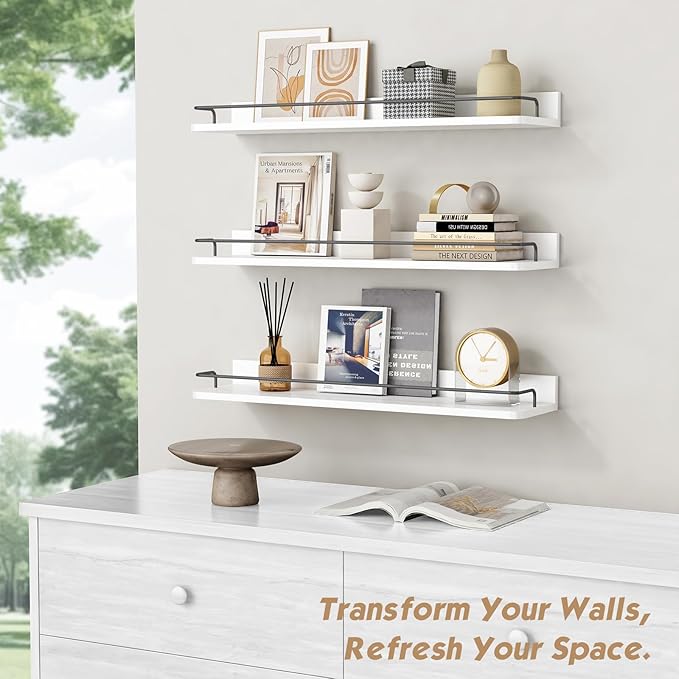 Forbena Floating Shelves for Wall 24 Inches Long, Modern White Wall Shelving Unit for Bedroom, Wood Hanging Shelf for Kitchen Bathroom Living Room Office Organizers and Storage (White and Grey)