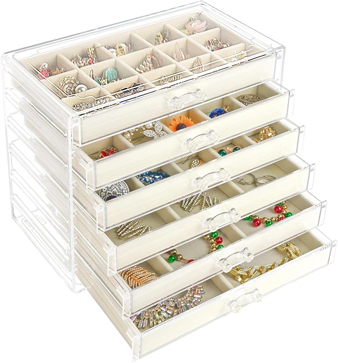 Watpot Acrylic Jewelry Box with 6 Drawers, Beige