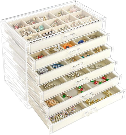 Watpot Acrylic Jewelry Box with 6 Drawers, Beige