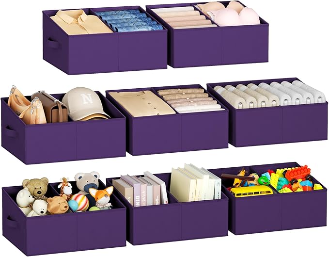 Large Closet Shelf Organizer Bins 8 Packs with Handles and Divider, Purple