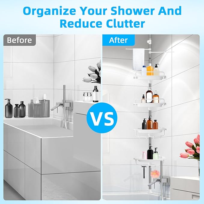 XLHOMO 32-122inch Corner Shower Caddy Tension Pole White, Rustproof Drill-Free Shower Shelves for Bathroom Bathtub Washbasin, Adjustable Shower Organizer with 4 Tier Patent Stable Shelves & Towel Bars