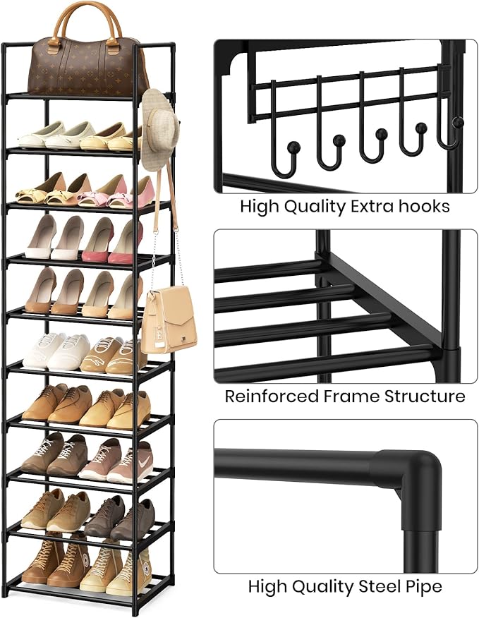Narrow Shoe Rack 10 Tiers Tall Shoe Rack for Entryway Closet 20 24 Pairs Shoe & Boots Organizer Storage Shelf Durable Black Metal Stackable Shoe Cabinet with Hooks, 17.1D x 11.8W x 78.7H in
