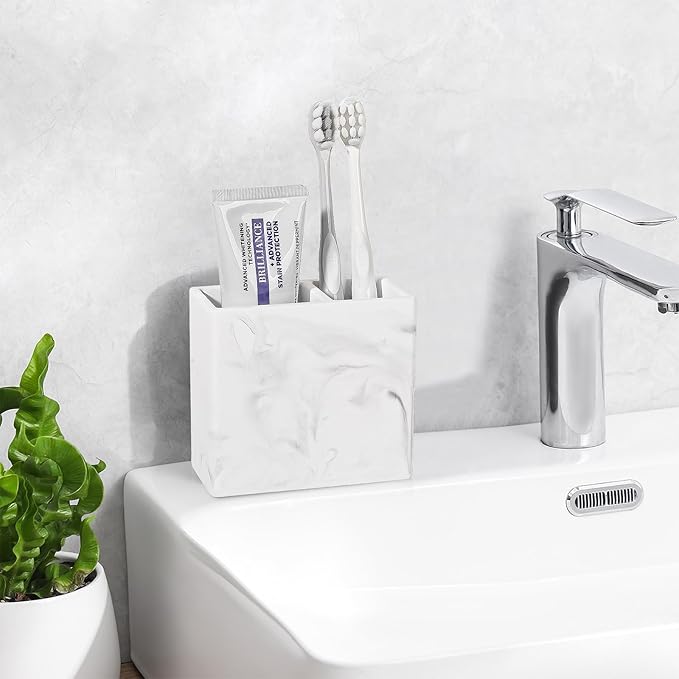Diatomite Toothbrush Holder 2 Slots Tooth Brush Holder for Bathroom, Kids Electric Toothbrush and Toothpaste Organizer for Countertop, Shower, Vanity, 2 Pack, Marble White