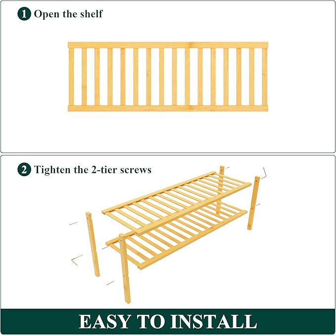 Smiry Long Bamboo Shoe Rack, 2 Tier Free Standing Wooden Shoe Organizer, Stackable Wood Shoe Storage Shelf for Closet, Entryway, 12 Vertical Slats, One-piece Standard Legs, 33.7"x11"x13", Natural