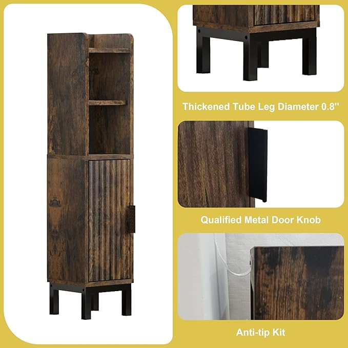 FerniTry Small Bathroom Storage Cabinet, Corner Floor Narrow Toilet Paper Cabinet with Door and Shelves,Bathroom Organizer with Adjustable Shelf, for Small Spaces (Rustic Brown)