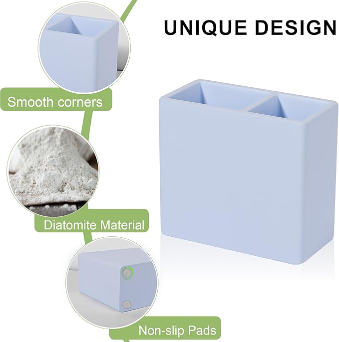 Diatomite Toothbrush Holder 2 Slots Tooth Brush Holder for Bathroom, Kids Electric Toothbrush and Toothpaste Organizer for Countertop, Shower, Vanity, Blue