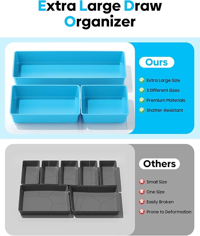 10 Pack Large Size Plastic Drawer Organizers Set, Blue