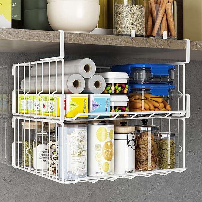 Under Shelf Basket Storage, Steel Under Shelf Hanging Wire Baskets Shelves for Laundry Room Kitchen Desk Pantry Bookshelf (White, 2 Pack)