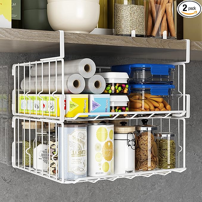Under Shelf Storage Baskets, Foldable Metal Wire Rack Basket, 2 Pack, White