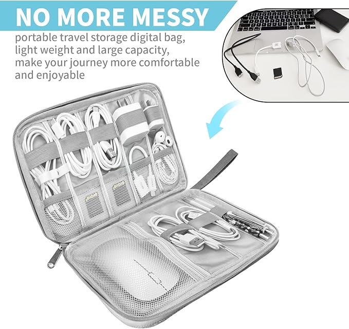 Lcsmaokin Electronics Organizer Travel Case,Electronic Accessories Storage Bag,Portable Waterproof Cable Organizer Bag,with 5 Cable Ties，for Travel,Work-Grey