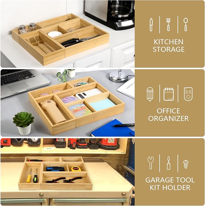 5 Pack Bamboo Drawer Organizer Set, Multi-Use Junk Drawer Organizer for Bathroom