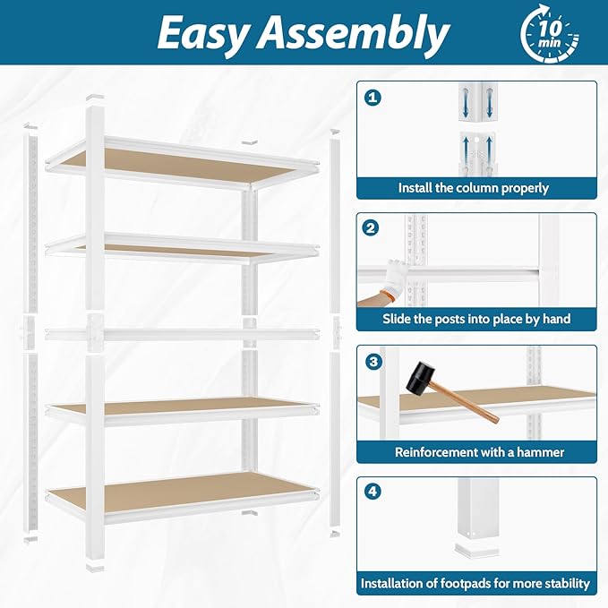 PrimeZone 28" W x 12" D x 59" H Closet Storage Shelves - 5 Tier White Metal Connector Shelving, Adjustable Heavy Duty Garage Shelves, Utility Rack Organizer Shelf for Kitchen Pantry Closet, 2 PCS