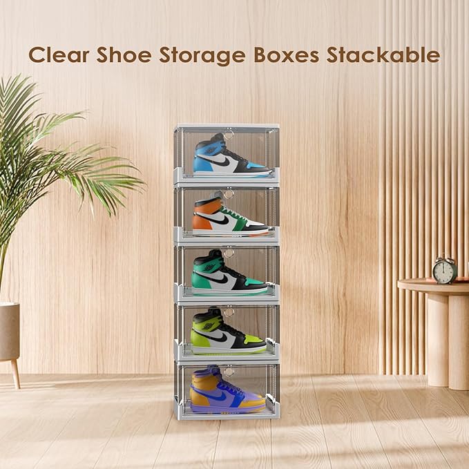 Clear Stackable Shoe Boxes with Magnetic Door, 3 Pack Thick Plastic Shoe Organizer for Closet, Dustproof Storage, Fits up to US Size 13