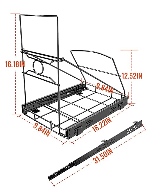 Pull Out Trash Can Holder, Adjustable Heavy Duty Cabinet Slide Out Kit for 7-11 Gallon Trash Cans, Under Sink Trash Can Rack with Smooth Ball Bearing Slides, Black, Trash Can Not Included
