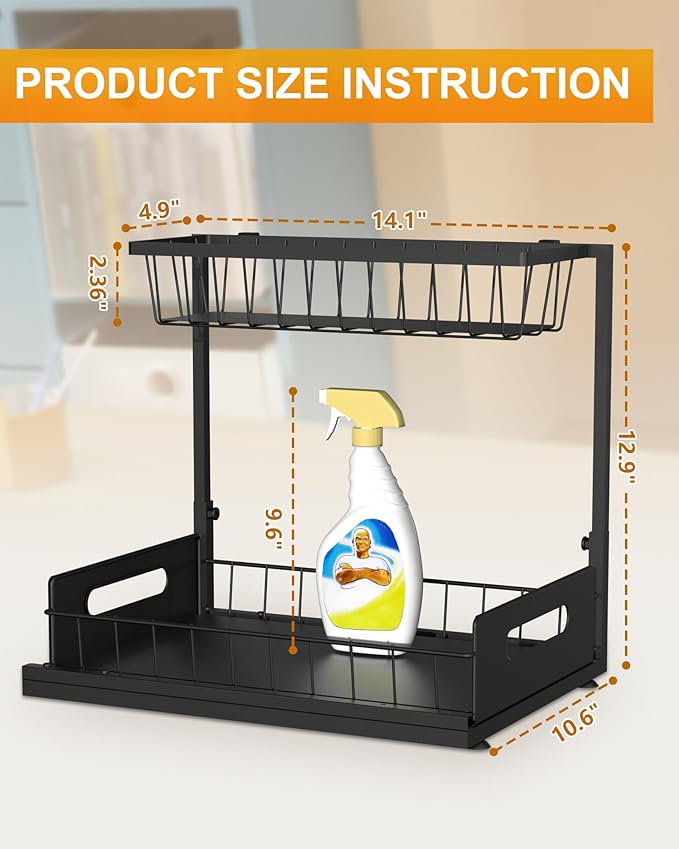 Mythinglogic Metal Under Sink Organizer and Storage, 2 Tier Under Sink Organizer, Pull Out Under Cabinet Organizer Shelf for Kitchen Bathroom and Laundry Room