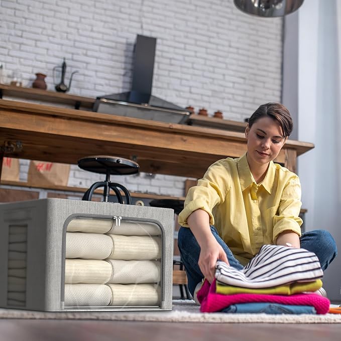 FHSQX 2 Pack Clear Window Storage Bins - Large Stackable Linen Fabric Storage for Clothes Foldable Container Organizer Set with Carrying Handles (Light Gray, 15.7x 11.8x 9.8Inch)