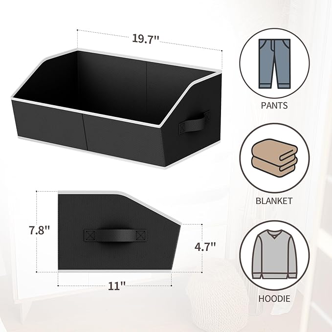 Homsorout Storage Bins for Shelves - Large Trapezoid Closet Shelf Organizer, Fabric Organization Bins with Handles, Storage Baskets for Clothes, Towel, Blanket, 4 Pack, Black