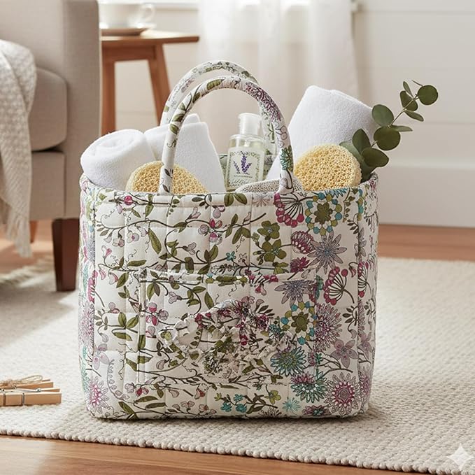 Quilted Fabric Storage Baskets with Handles, Boho Floral Gift Basket Foldable Organizer Bin for Home Decor, Picnic, Travel 12''x10''x10'' (Purple)