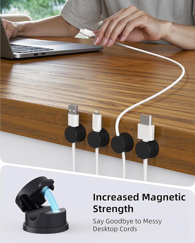 Inchor Cord Holder, Swiveling Cord Organizer, Magnetic Cable Clips for Desk, 6 Pack Cable Organizer for Nightstand, Adhesive Cable Holder Cable Management Clips for Car Home Office (Black)