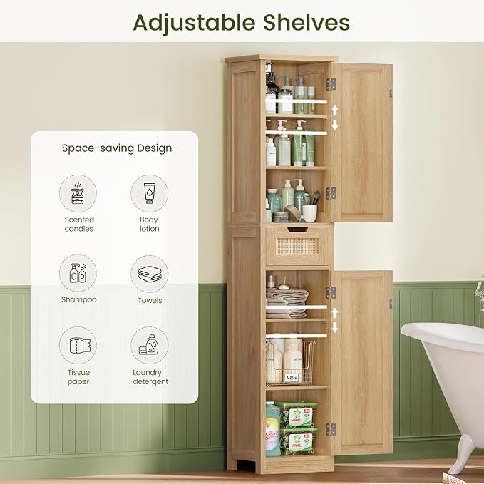 Iwell Tall Bathroom Cabinet, Slim Narrow Storage Cabinet with Adjustable Shelves, Rattan Cabinets with 1 Drawer, for Bathroom, Living Room, Entryway, Kitchen, Nature