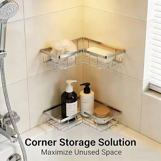 Shower Caddy 2 Pack, Stainless Steel No Drilling Adhesive Bathroom Organizer Shelf Rack, Corner Shower Shelf with Hooks for Home Decor & Storage