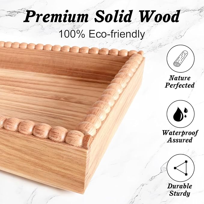 Large 2-Tier Bathroom Countertop Organizer with 8 Jewelry Hooks, 17.3" Eco-Coated Wood Vanity Tray for Perfume & Makeup, Skincare Storage Shelf for Dresser Coffee Bar Kitchen (Light Brown & Black)