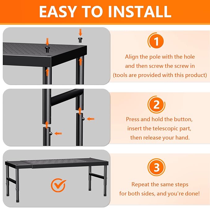 HI NINGER Expandable adjustable stackable kitchen organizer,Spice Racks,Counter Shelf for Cabinets,Small Cupboard Organizers,Heavy Duty Metal Pantry Storage Shelves Racks for kitchen,cabinet