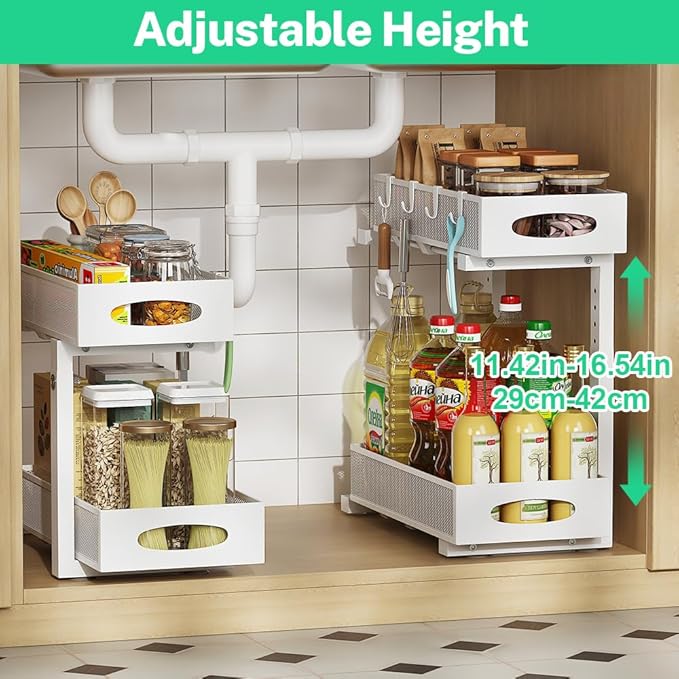 1 Pack Under Sink Pull Out Organizer, 2-Tier Adjustable Height Carbon Steel Storage Rack for Kitchen and Bathroom Cabinet, White