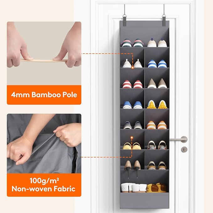 8 Tier Over the Door Shoe Organizer with 15 Large Deep Pockets, Gray