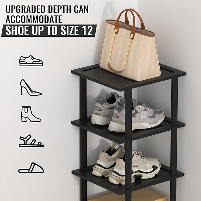 MHXW SXPN Bamboo Free Standing Shoe Rack Shelf Multi Tier Tall Wooden Stackable Shoes Rack Organizer for Closet Front Door Entrance Narrow Vertical Shoe Storage Rack for Corner Stand (Black, 7 Tiers)