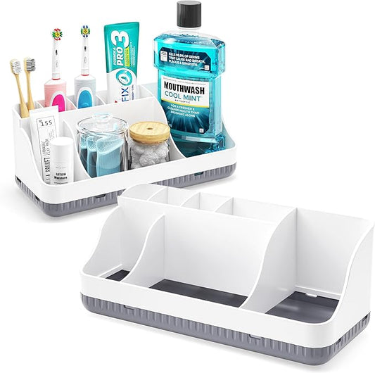 Bathroom Counter Organizer and Storage, 7 Slots Detachable Toothbrush Holders for Bathrooms, Anti-Slip Electric Toothbrush and Toothpaste Holder Countertop Vanity Organizer Accessories for Adults Kids