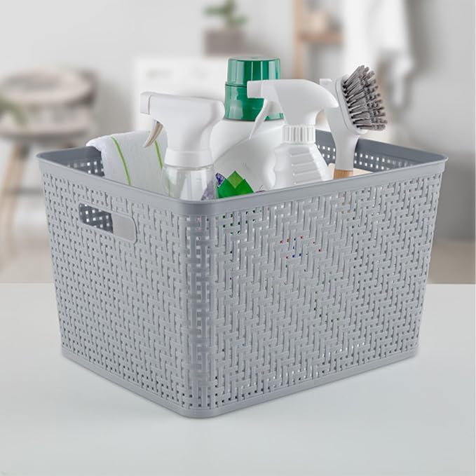 18 Pack Plastic Storage Bin Organization Containers, Tall Baskets, Cement