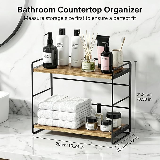 SRIWATANA 2 Pack Bathroom Counter Organizer, 2 Tier Countertop Organizers, Kitchen Counter Shelf Spice Rack Countertop Storage Wood Shelf - Carbonized Black