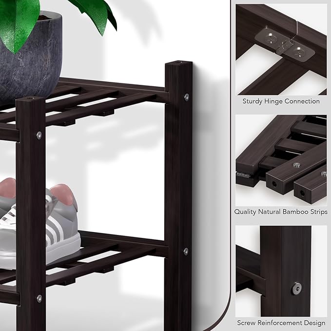 Haddockway Large 3 Tier Bamboo Shoe Rack Storage Organizer, Multifunctional Free Standing Stackable Shoe Shelf with Grid Panel for Closet,Hallway,Entryway,Small Space 27"x12"x21"