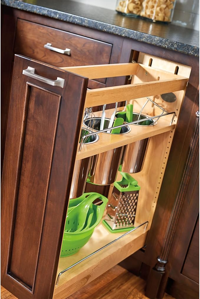 Rev-A-Shelf 8 in. Pull Out Storage Organizer for Base Kitchen Cabinets w/Soft-Close, Sliding Shelves for Utilities, Utensils or Spices, Maple, 448UT-BCSC-8C