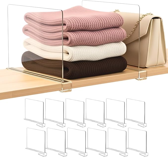 SortNStore Shelf Dividers Purse Organizer for Closet: 12-Pack Acrylic Bag Storage Organizer for Handbags, Clutches, Clothes, Sweater, Towel on Wood Shelves