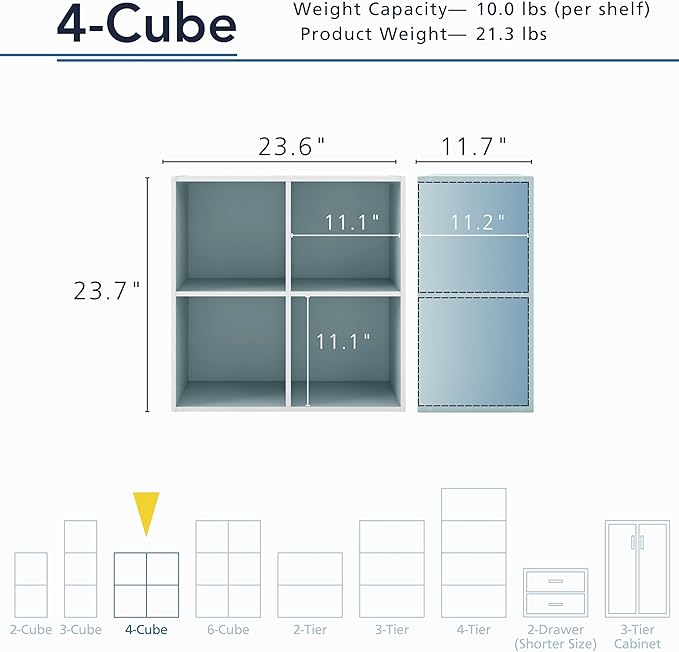 Homes: Inside + Out Apexa 4-Cube Storage Organizer Shelves, Stackable Wood Bookcase Fits Cubby Bins for Organization, Dorm Teen Room Decor & Home Office, Light Blue