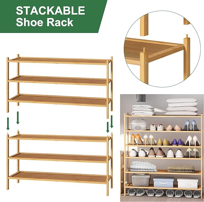 kiplant Long Shoe Rack, Bamboo Wood 3-Tier Shoe Rack for Entryway, Stackable | Foldable | Natural, Shoe Organizer for Hallway Closet, Free Standing Shoe Racks for Indoor Outdoor